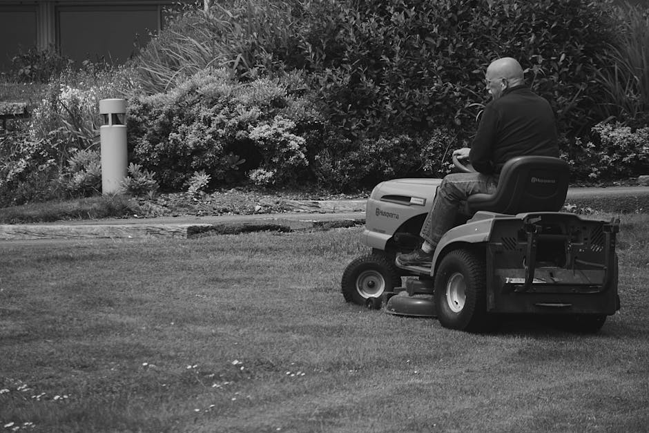 A man operating a ride-on lawn mower on a well-maintained lawn in a garden area. The lawn mower is a modern, compact model with a cutting deck visible underneath, and the man is wearing casual clothing while focused on mowing the grass. The background features dense shrubbery and trees, with a variety of textured leaves and blooming plants along a stone-edged flower bed. A short, white garden light is visible near the edge of the lawn, contributing to the tidy appearance of the garden. The scene is evenly lit, indicating daytime, and showcases the garden maintenance work carried out by professionals like Gardeners Bermondsey, emphasizing lawn care and landscaping within a lush, landscaped outdoor space.